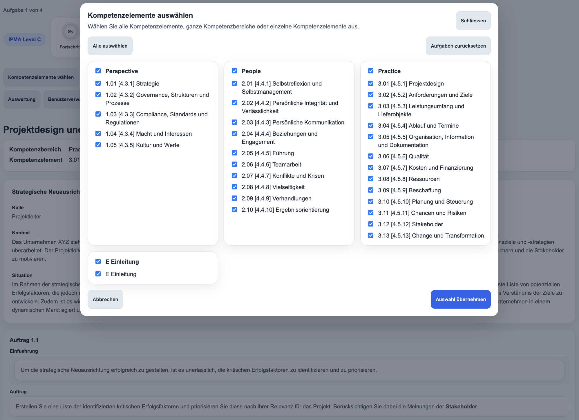 IPMA level C Full Version Auswahl Kompetenzelemente