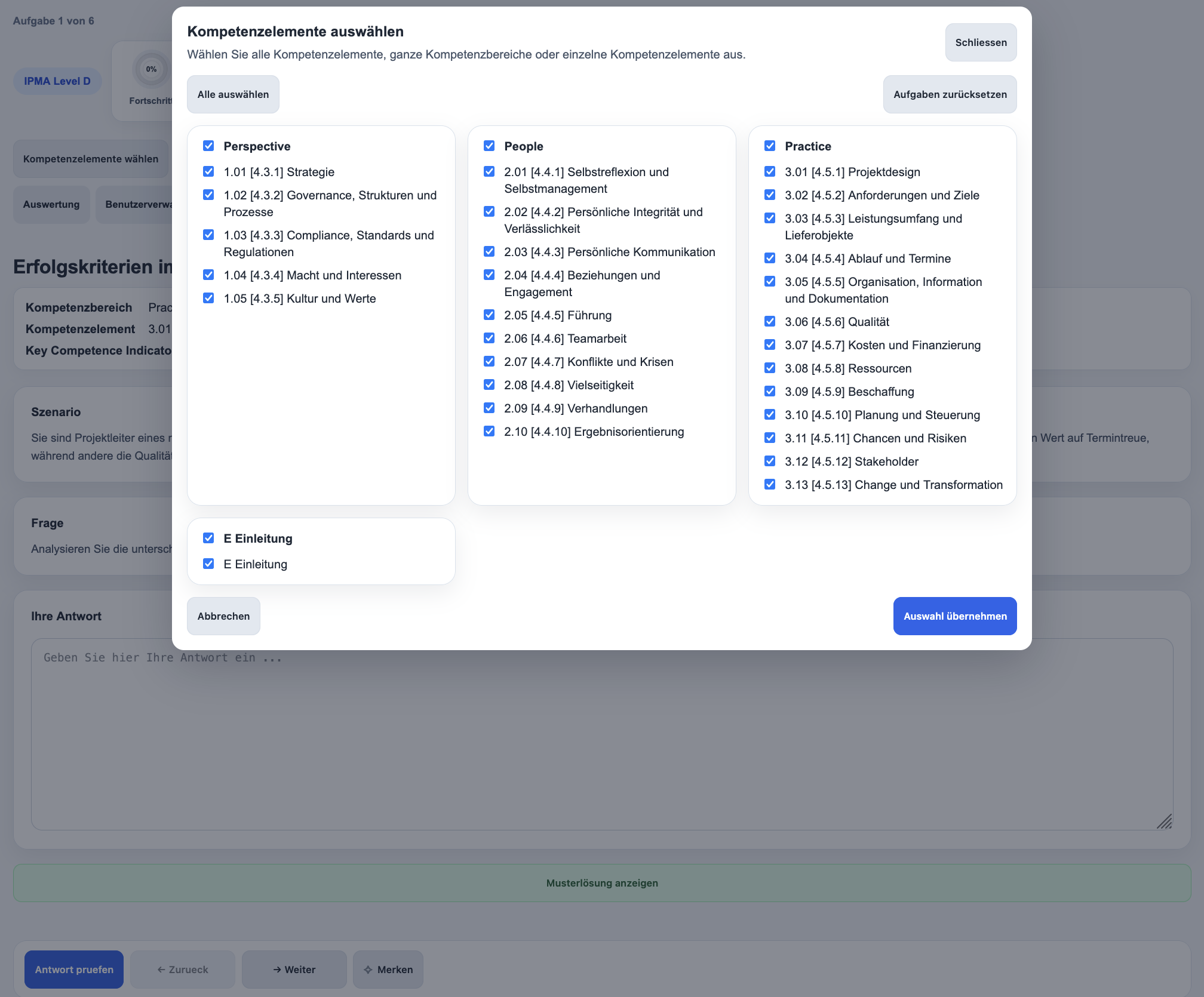 IPMA level D Full Version Auswahl Kompetenzelemente